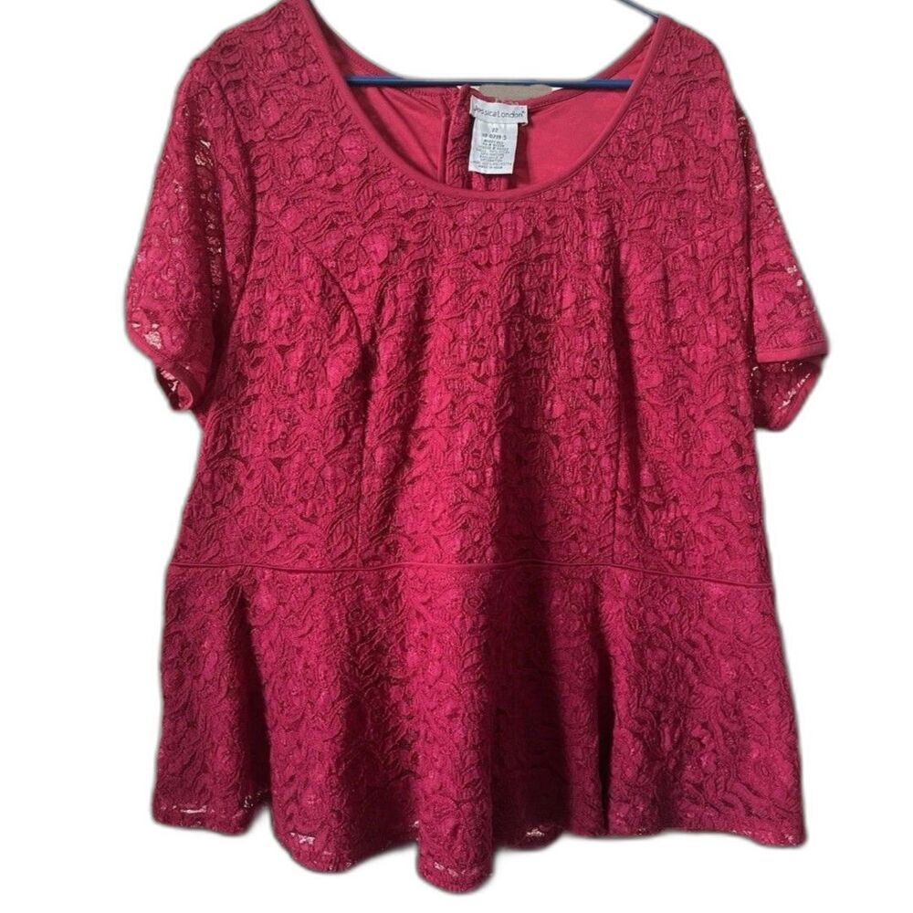 Jessica London Women's Red Lace Short Sleeve Blouse Round Neck Back Size 22